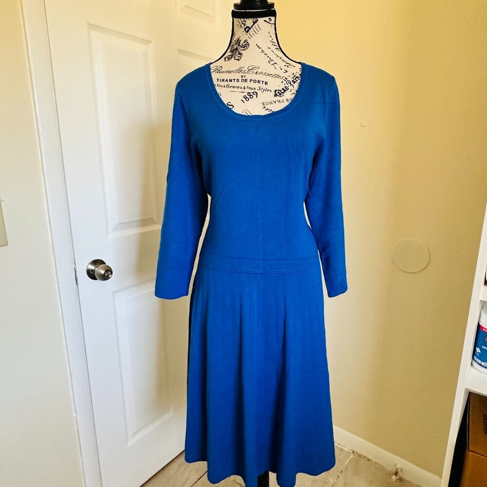 Talbots Cobalt Blue Knit Dress Size L Long Sleeve Scoop Neck Zip Back
